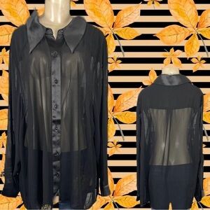 Nightfall +4 Black Button Down Sheer Chiffon Satin Collar/Trim Long Sleeve Shirt